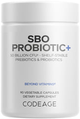 Codeage SBO Probiotic bottle displaying 50B CFU per serving for daily support.