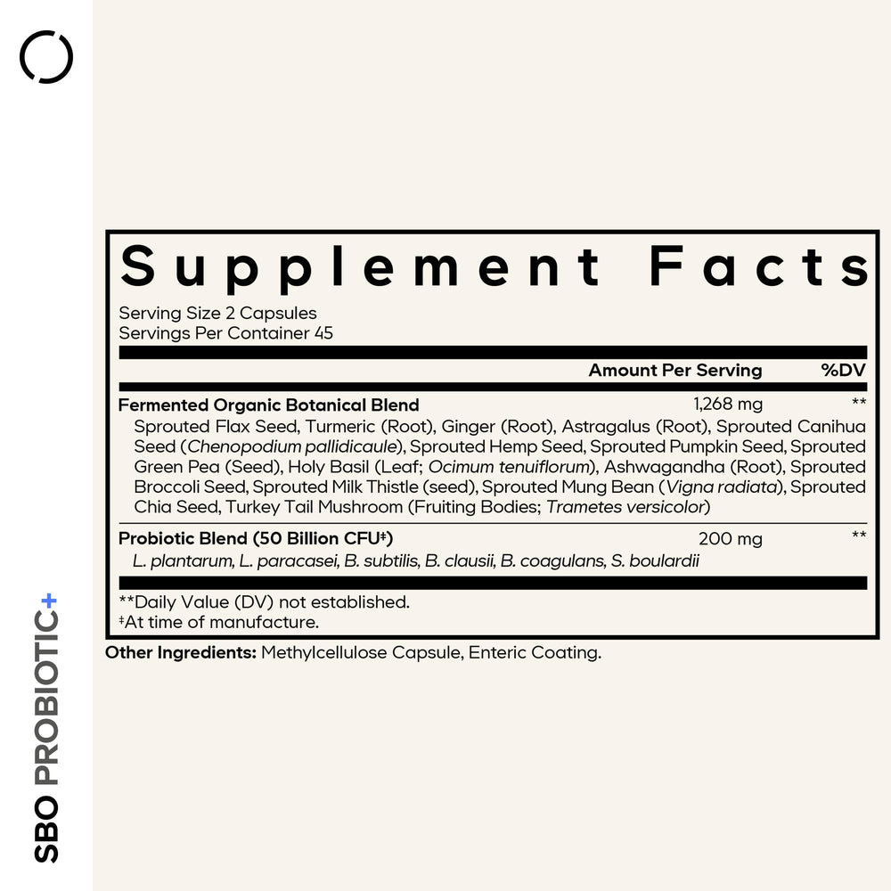Codeage SBO Probiotic label highlights multi-strain blend and vegan formula for wellness
