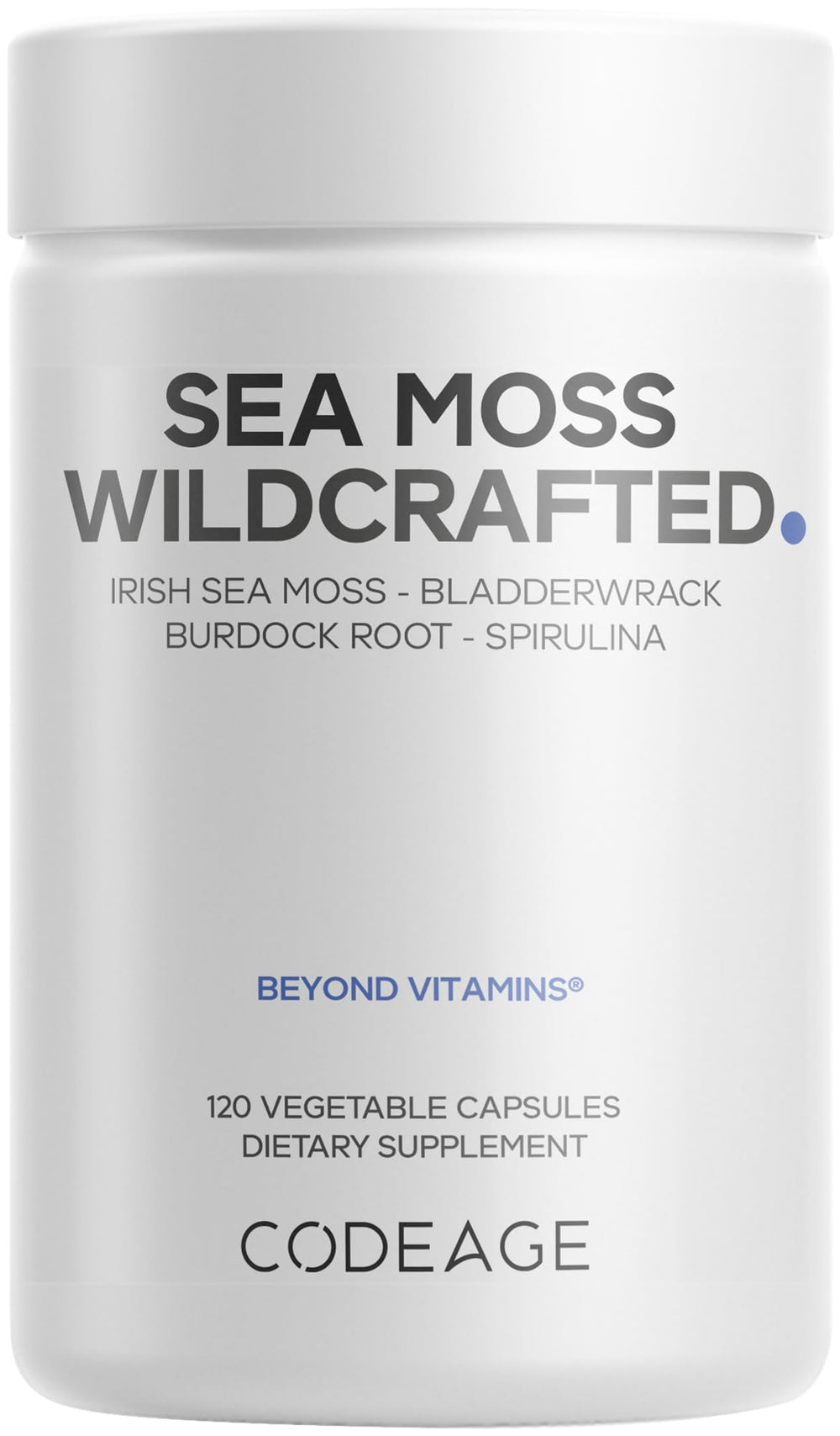 Codeage sea moss wildcrafted bottle highlighting premium blend for daily vitality.