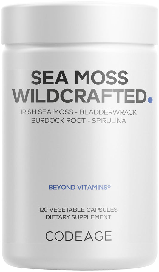 Codeage sea moss wildcrafted bottle highlighting premium blend for daily vitality.