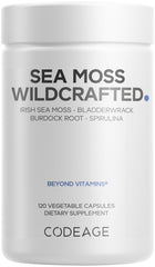 Codeage sea moss wildcrafted bottle highlighting premium blend for daily vitality.
