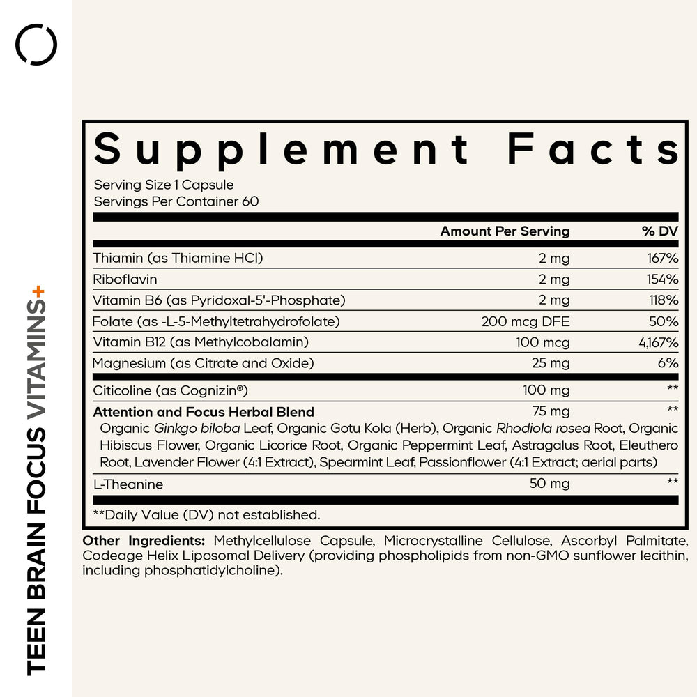 Codeage Teen Brain Focus capsules shown for easy daily use.