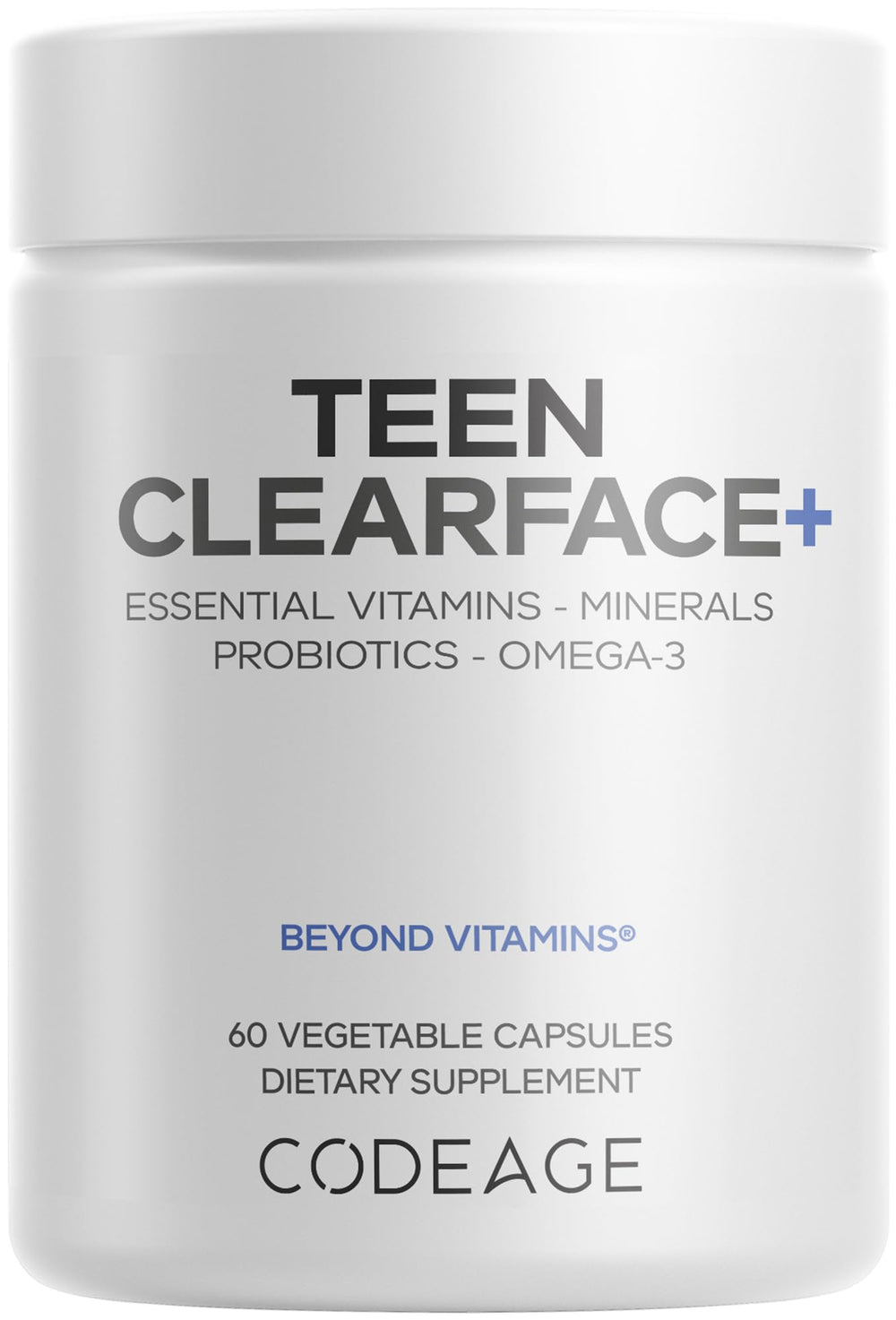 Codeage Teen Clearface bottle front showing complete multivitamin for teen skin support.