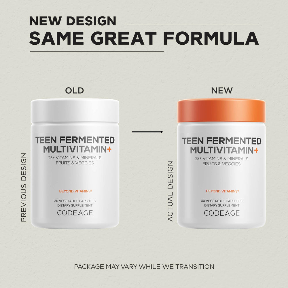 Codeage Teen Multivitamin label closeup highlights key vitamins and minerals.