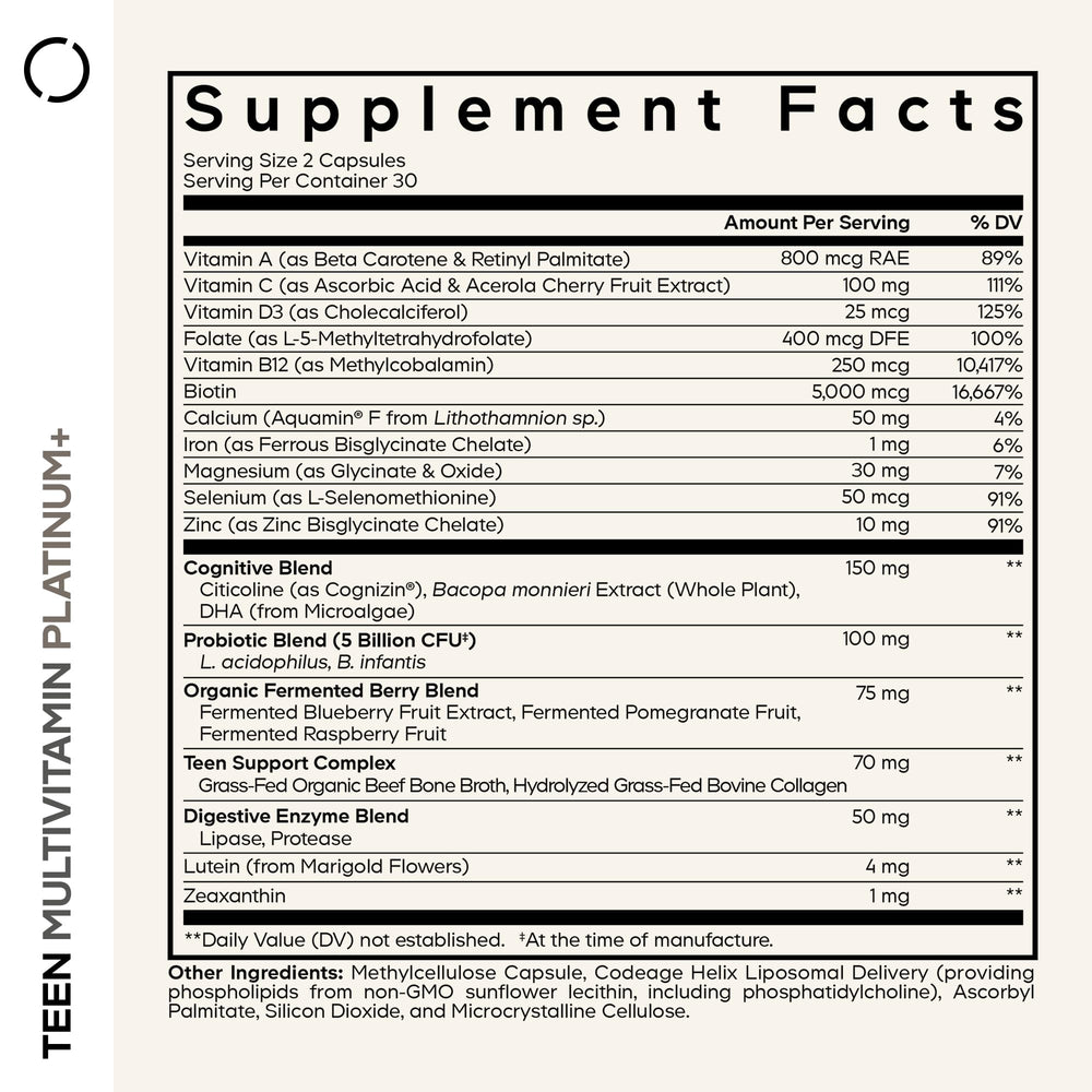Codeage Teen Multivitamin+ Platinum nutrition panel highlights essential teen nutrients