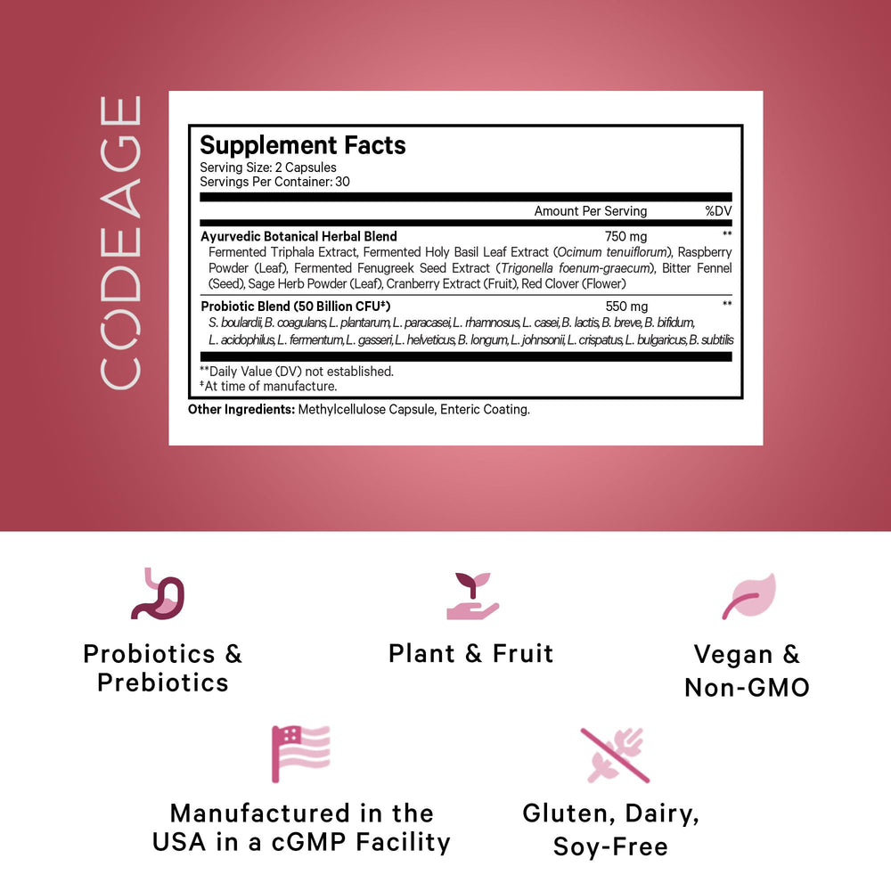 Capsules close-up of Codeage Women Probiotics highlighting 50B CFUs.