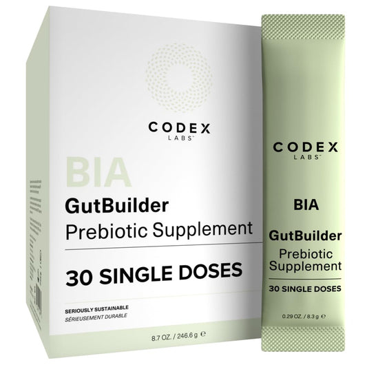 Codex Beauty BIA GutBuilder bottle with capsules supporting digestive health and a 30-day supply