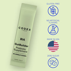 Codex Beauty BIA GutBuilder packaging label emphasizing antioxidants and superfoods