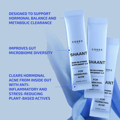 Codex Labs Shaant Skin De-Stress capsules closeup showing soft gel capsules.