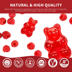 Cofure raspberry gummies on light background emphasizing pectin base and natural sweeteners.