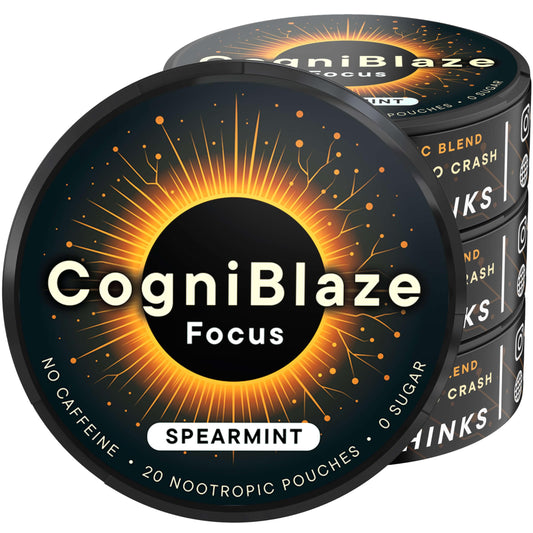 CogniBlaze spearmint pouch close-up for caffeine-free daytime focus.