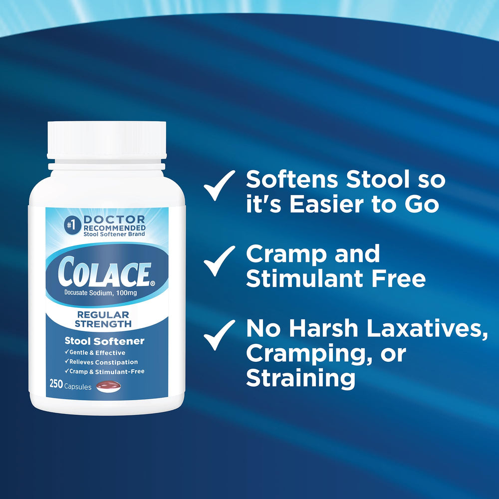 Colace bottle and carton display emphasizing trusted, long-standing stool softener brand.