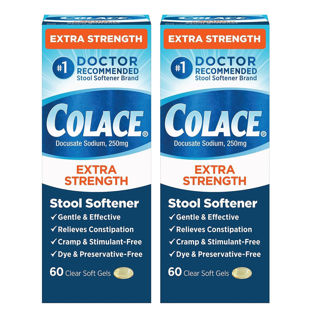 Colace extra strength stool softener bottle with label shows dosage and branding for easy identification.