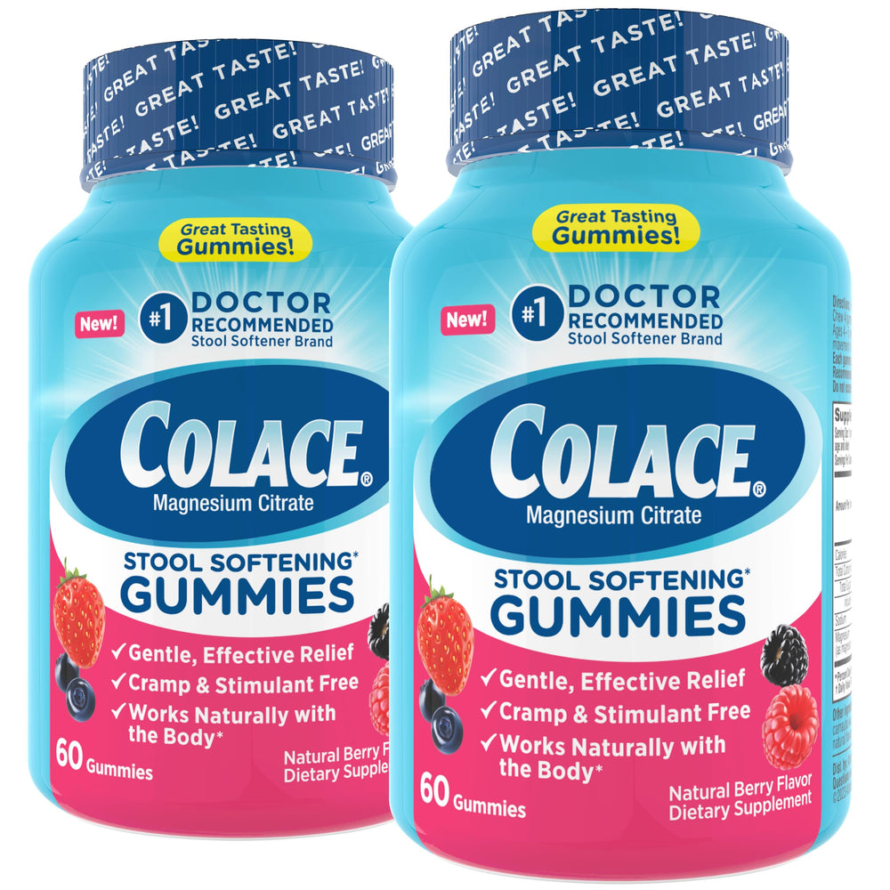 Colace Gummies bottle front shows mixed berry flavor and gentle constipation relief.