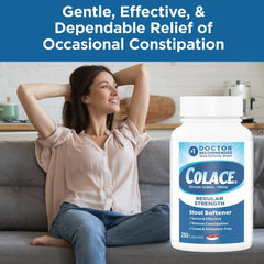Colace label detail image showing active ingredient docusate sodium for stool softening.
