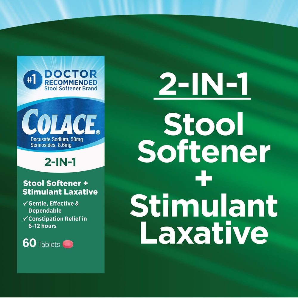 Colace pack of two bottles for adults and children 2+ with overnight relief potential.