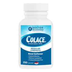 Colace Regular Strength bottle packaging shown for easy, gentle constipation relief.