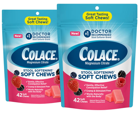 Colace soft chews bottle front showing mixed berry flavor for gentle relief