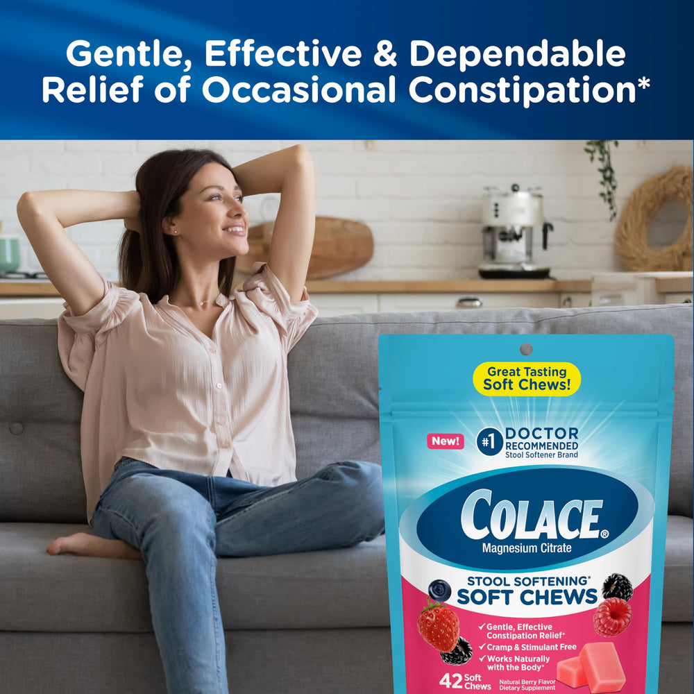 Colace soft chews texture close-up emphasizing chewable, easy-to-swallow form
