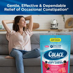 Colace soft chews texture close-up emphasizing chewable, easy-to-swallow form