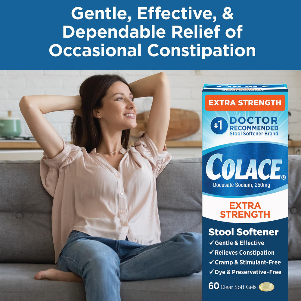 Adult taking Colace pill suggests seamless daily routine for comfortable passages.