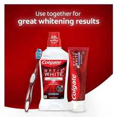 Bottle label details hydrogen peroxide whitening formula from Colgate Optic White.