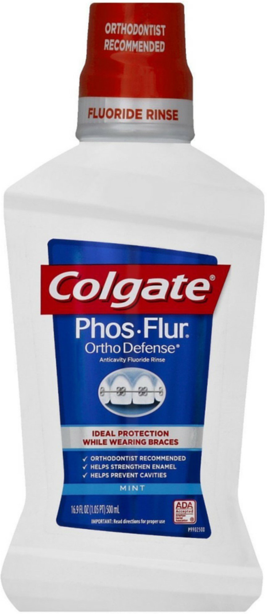 Colgate Phos-Flur Anti-Cavity Rinse Mint bottle for braces care and fresh breath.