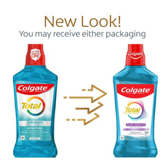 Six-pack Colgate Total Gum Health Mouthwash on a bathroom shelf for daily use.
