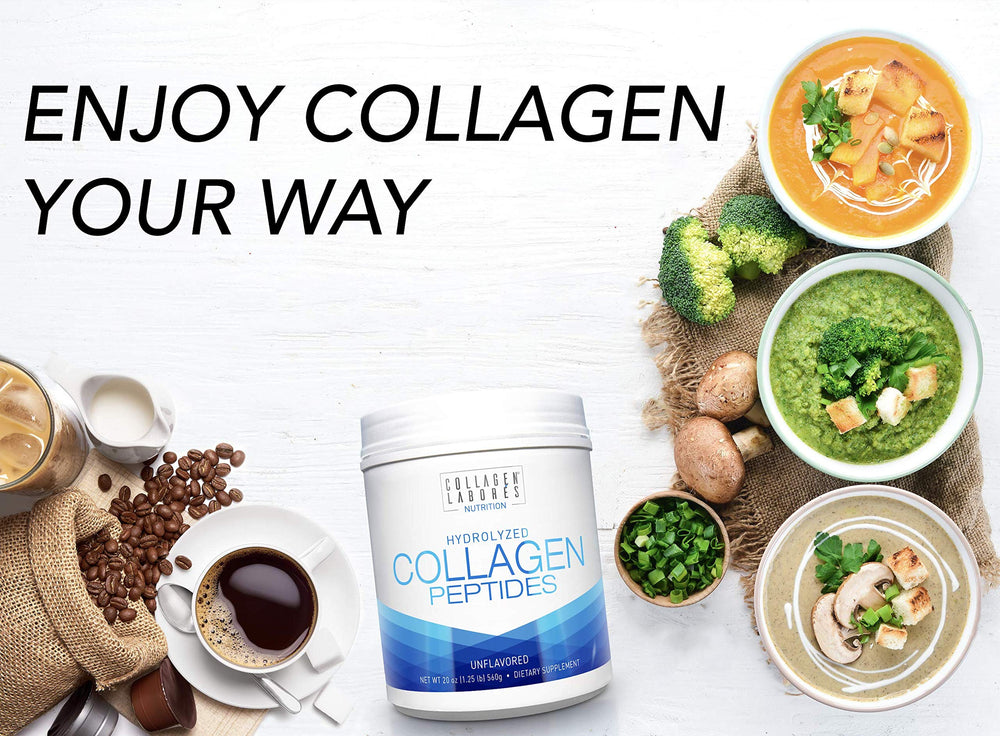 Collagen Laborés dissolving powder in glass highlights quick blending and versatile mixing