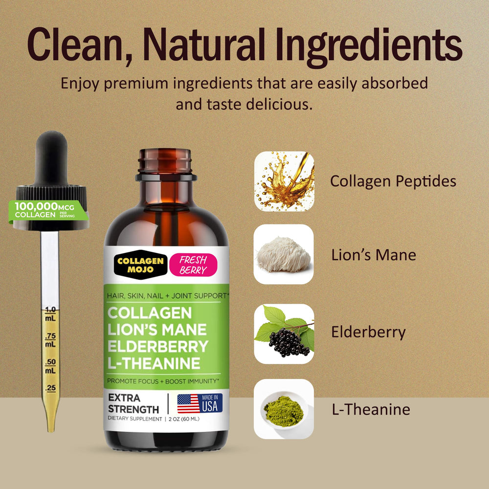 Collagen Mojo dropper applying berry liquid under the tongue for fast absorption.
