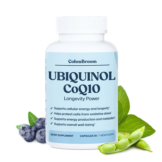 ColonBroom CoQ10 100mg bottle highlighting daily wellness support.