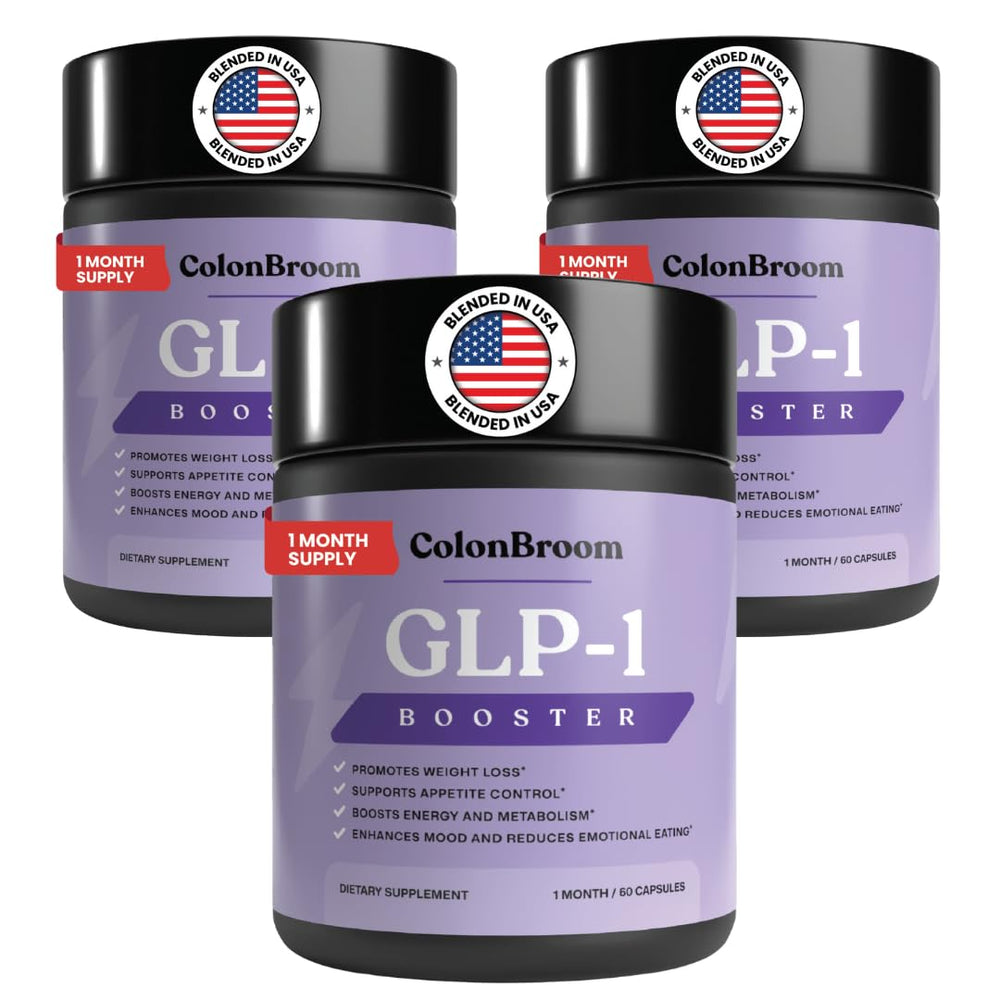 ColonBroom GLP-1 bottle closeup highlighting vegan gluten-free gut support.