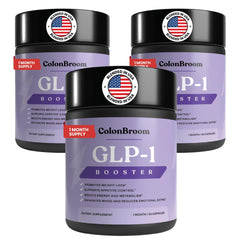 ColonBroom GLP-1 bottle closeup highlighting vegan gluten-free gut support.