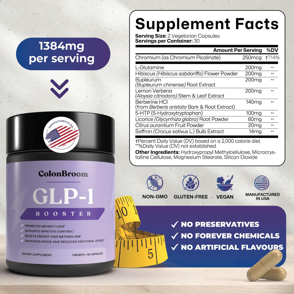 ColonBroom GLP-1 packaging beside notebook suggests easy wellness integration
