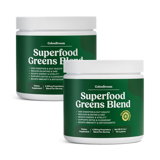 ColonBroom greens powder tub with scoop, supporting daily digestion and energy