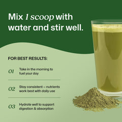 ColonBroom label featuring kale, spinach, wheatgrass and turmeric for reference