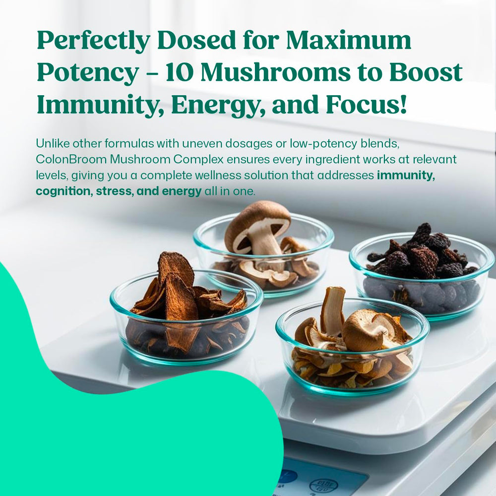ColonBroom bottle label close-up emphasizing immunity support from mushroom extracts