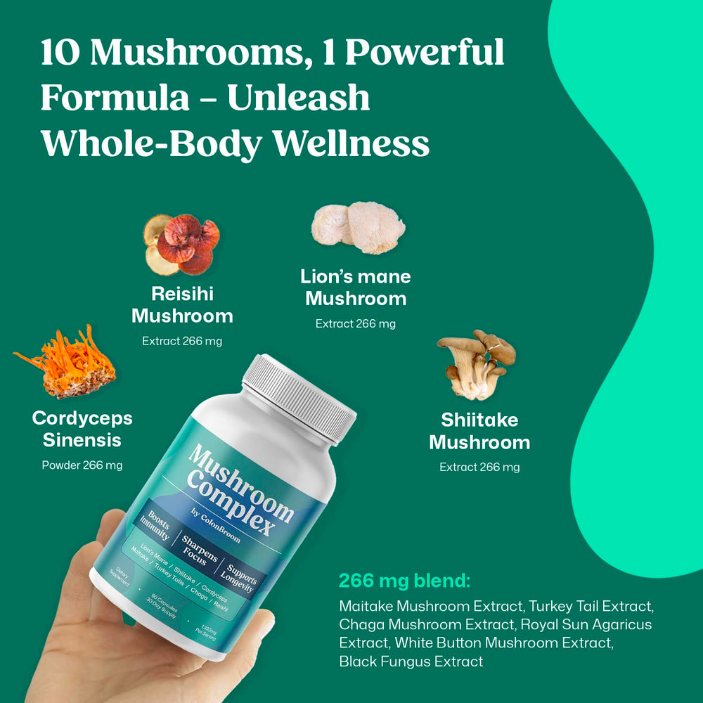 ColonBroom ingredients montage showing cordyceps, reishi, shiitake, and lion's mane for holistic wellness