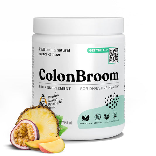 ColonBroom psyllium husk powder tropical fruits bottle for gentle gut support.