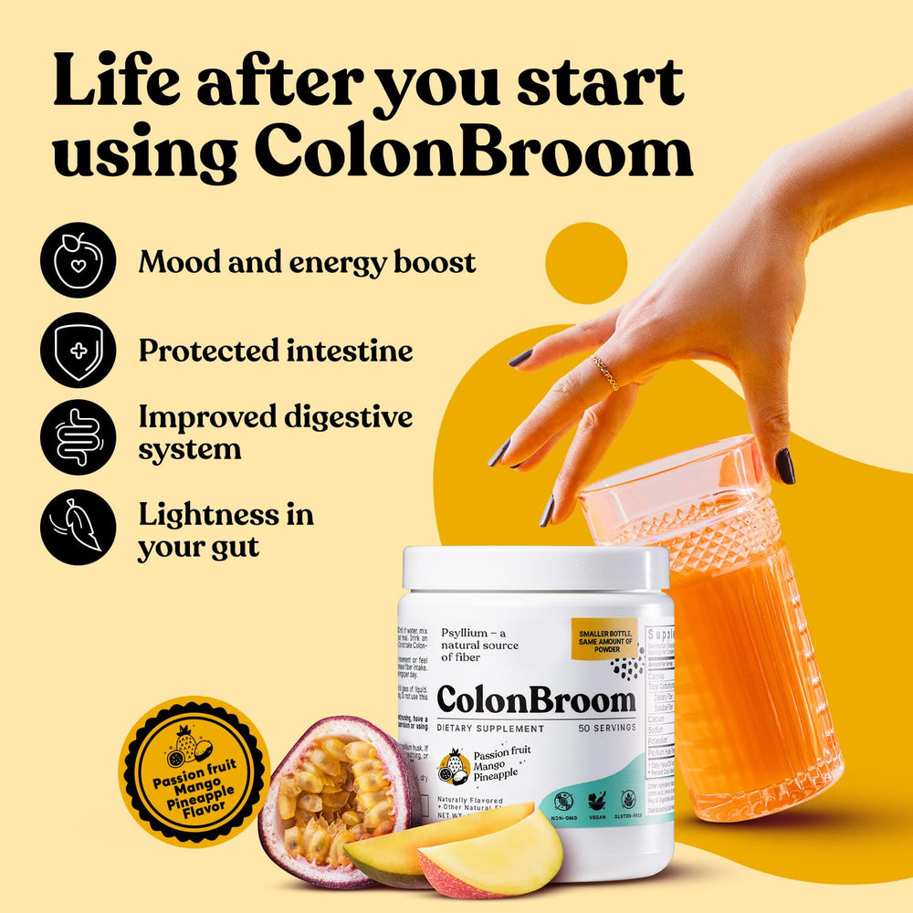 ColonBroom shake bottle showing quick mix for a smooth fiber beverage.