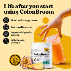 ColonBroom shake bottle showing quick mix for a smooth fiber beverage.