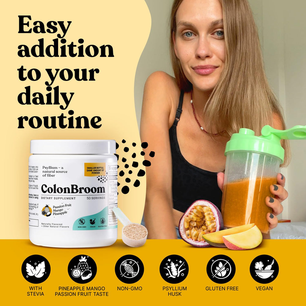 ColonBroom scoop with powder suggests convenient serving size.