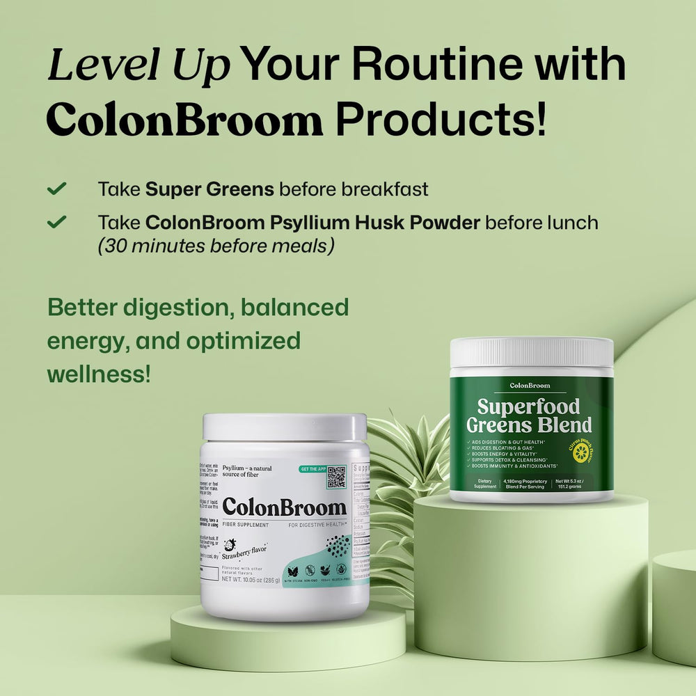 ColonBroom greens powder in smoothie, suggesting detox and energy support