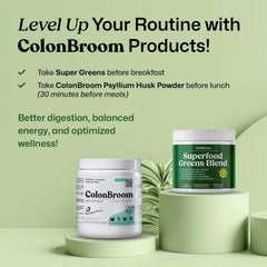 ColonBroom greens powder in smoothie, suggesting detox and energy support