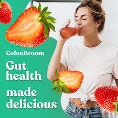 ColonBroom strawberry fiber shake glass shows refreshing flavor and convenient mixed-in hydration.
