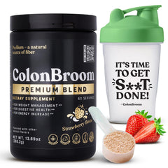 ColonBroom strawberry powder bottle shows a flavorful fiber supplement for gut health support.
