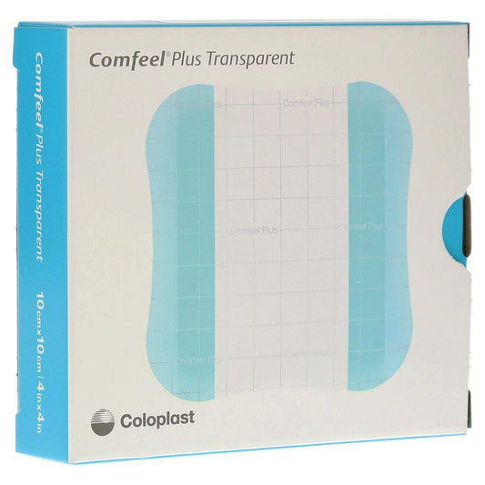 Coloplast Comfeel Plus Transparent Dressing 4x4 with border film backing, provides discreet protection and comfort.