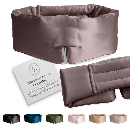 Colorado Home Co Cozy Silk Eye Mask in mauve for blackout sleep and soft comfort.