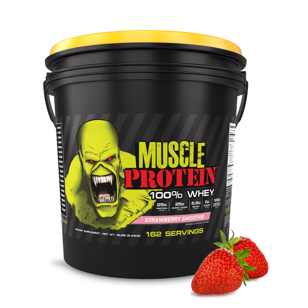 COLOSSAL LABS Muscle Protein Whey Powder bottle highlights strawberry flavor for post-workout recovery.