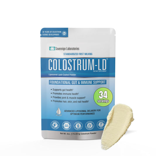 Colostrum-LD powder in a jar front label showing quality for daily use